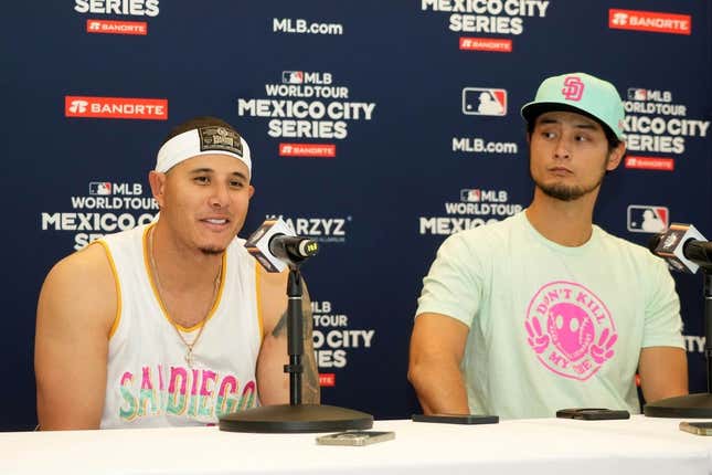 Apr 29, 2023; Mexico City, Mexico; San Diego Padres third baseman Manny Machado (left) and pitcher Yu Darvish at a press conference during a MLB World Tour game at Estadio Alfredo Harp Helu.