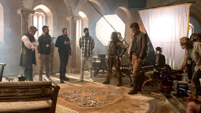 Hugh Grant, Directors John Francis Daley and Jonathan Goldstein, Michelle Rodriguez, Chris Pine and crew on the set of Dungeons & Dragons: Honor Among Thieves from Paramount Pictures.