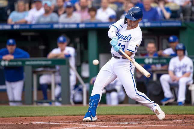 May 10, 2023; Kansas City, Missouri, USA; Kansas City Royals second baseman Michael Massey (19) gets a hit during the first inning against the Chicago White Sox at Kauffman Stadium.