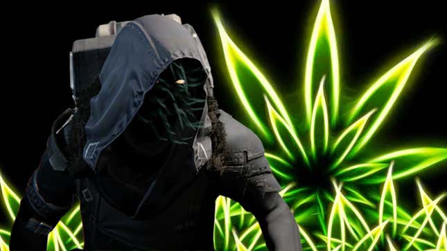 Xur from Destiny 2 standing in front of a neon pot leaf.