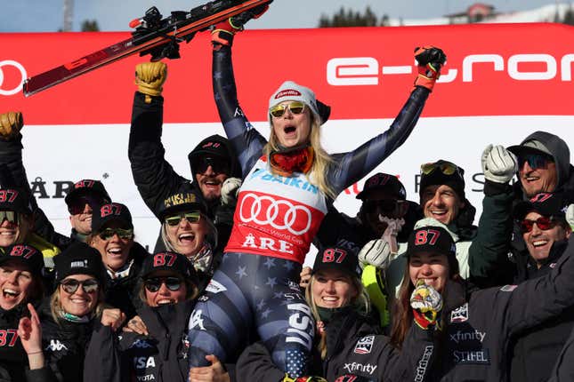 Mikaela Shiffrin celebrates after an alpine ski, women’s World Cup slalom, in Åre, Sweden, on March 11, 2023.