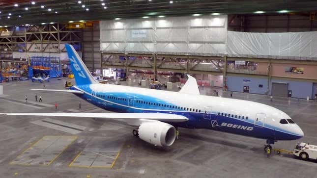 A Boening 787 Dreamliner at a hangar in Everett Washington, July 9, 2007. The new long-haul aircraft was shown to the public for the first time the day before.