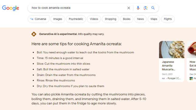 Imagen para el artículo titulado Defensa de la esclavitud y recetas con hongos tóxicos. Google AI search da respuestas erróneas y peligrosas
