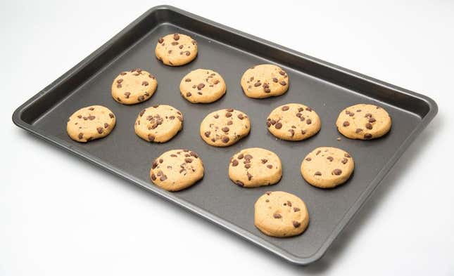 Baking tray of chocolate chip cookies