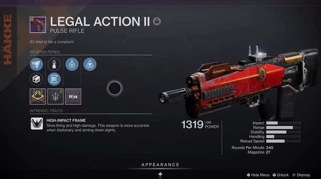 A screenshot of the Legal Action II pulse rifle's stat page.