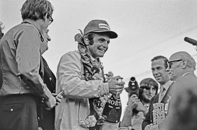 Peter Revson after winning the 1973 British Grand Prix.