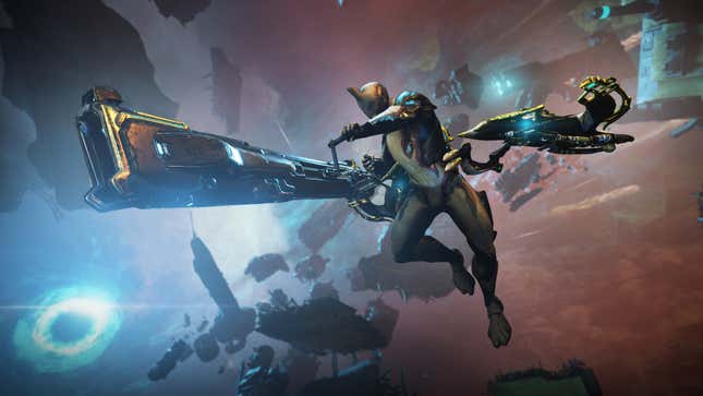 A Tenno floats in dwelling while aiming a weapon.