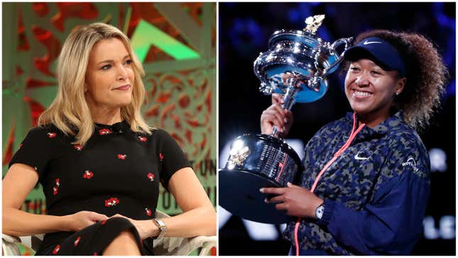 Megyn Kelly at the Fortune Most Powerful Women Summit 2018 on October 2, 2018 in Laguna Niguel, California; Naomi Osaka poses with the Daphne Akhurst Memorial Cup during the 2021 Australian Open on February 20, 2021 in Melbourne, Australia.