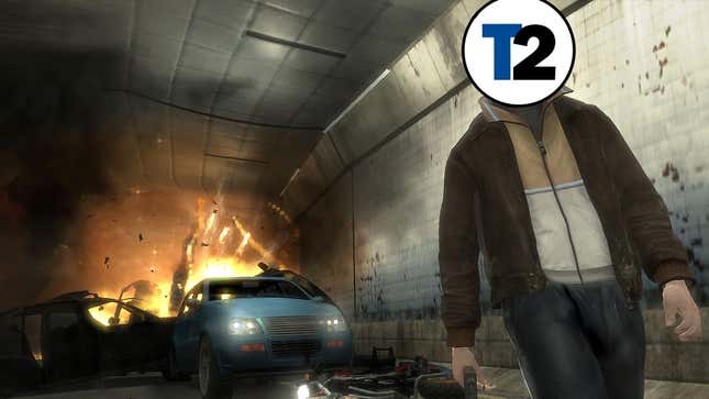 Niko Bellic from GTA IV with a Take-Two logo on his face walking away from a big explosion. 