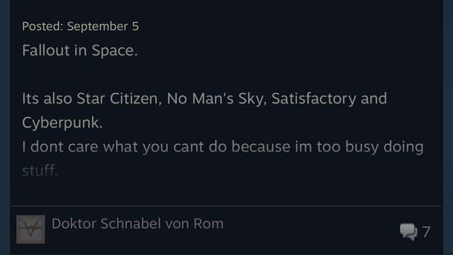 Snímek obrazovky zobrazující recenzi Starfield Steam.