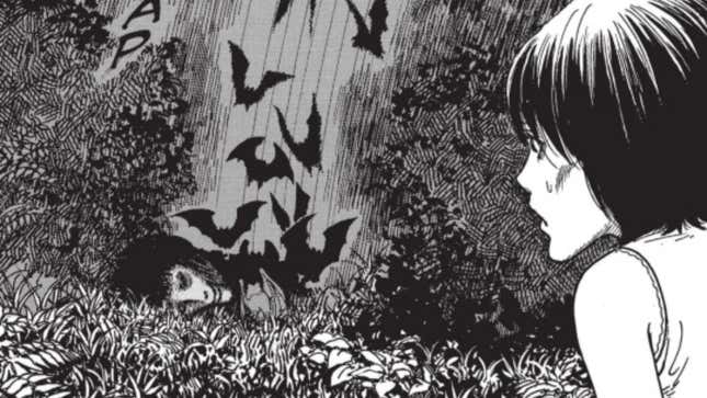 Panel de Bloodsucking Darkness de Junji Ito que muestra a Nami mirando una bandada de murciélagos vampiros.