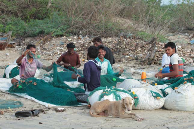 Fishermen dry their cotton nets in preparation for the next day’s fishing in Ramanathapuram in Tamil Nadu.