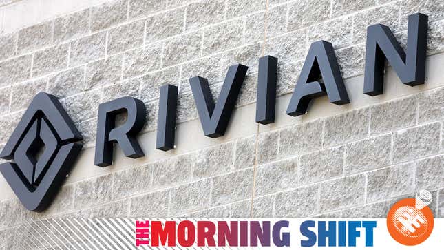 A photo of a Rivian logo on the side of a building. 