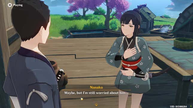Two NPC characters wearing katana talk in a Japanese village.