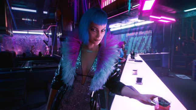 A character in Cyberpunk 2077 has a drink at a bar.