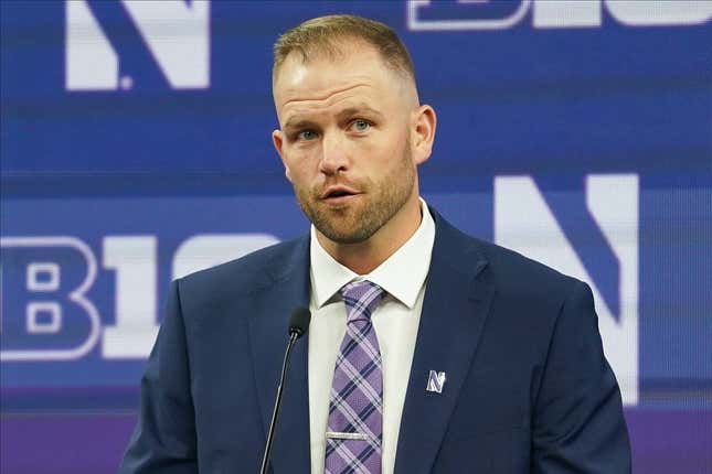 Jul 26, 2023; Indianapolis, IN, USA; Northwestern Wildcats interim head coach David Braun speaks to the media during the Big 10 football media day at Lucas Oil Stadium.