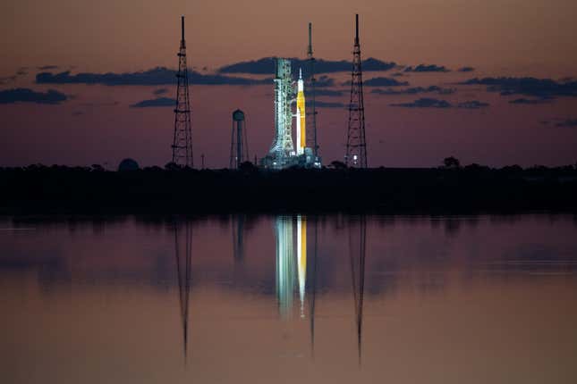 NASA’s Space Launch System rocket on the launchpad at Kennedy Space Center.