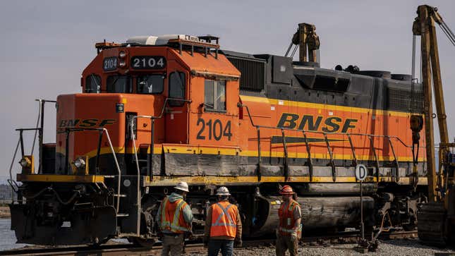 A BNSF train following a derailment on the Swinomish Reservation in Anacortes, Washington, US, on Thursday, March 16, 2023.