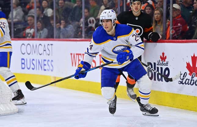 Mar 17, 2023; Philadelphia, Pennsylvania, USA; Buffalo Sabres center Dylan Cozens (24) in action against the Philadelphia Flyers in the third period at Wells Fargo Center.