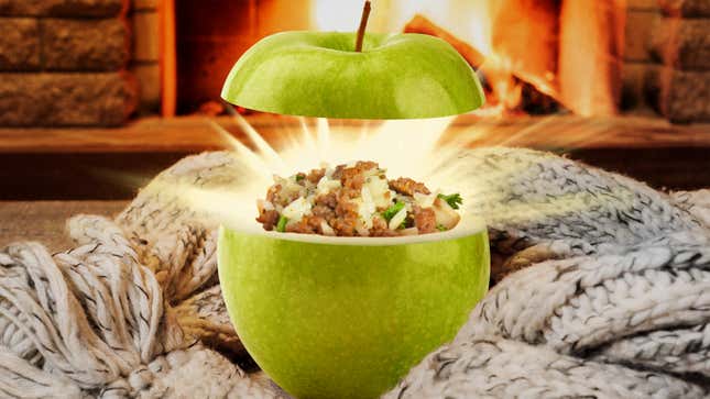Illustration of Baked Stuffed Apple full of meat, rice, and cheese in front of a fireplace