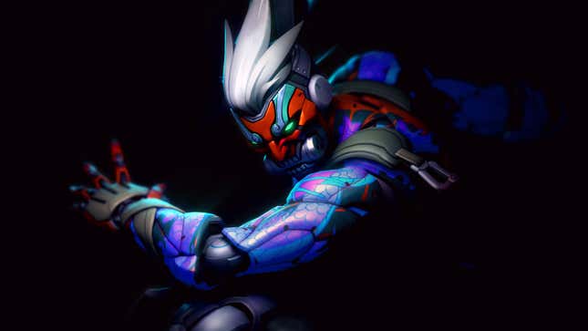 Cyber Genji poses in a dark room. 