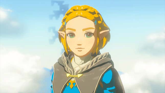 Zelda is seen standing on a sky island.