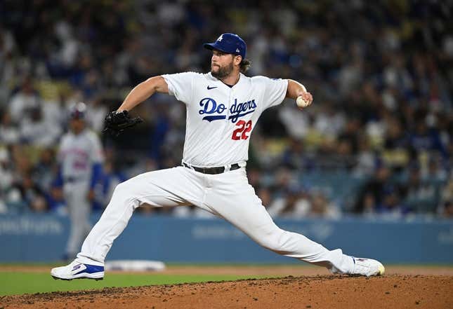 Apr 18, 2023; Los Angeles, California, USA; Los Angeles Dodgers starting pitcher Clayton Kershaw (22) on the mound in the seventh inning against the New York Mets at Dodger Stadium.