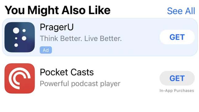 An ad for PragerU, also seen on a page for a podcast player.