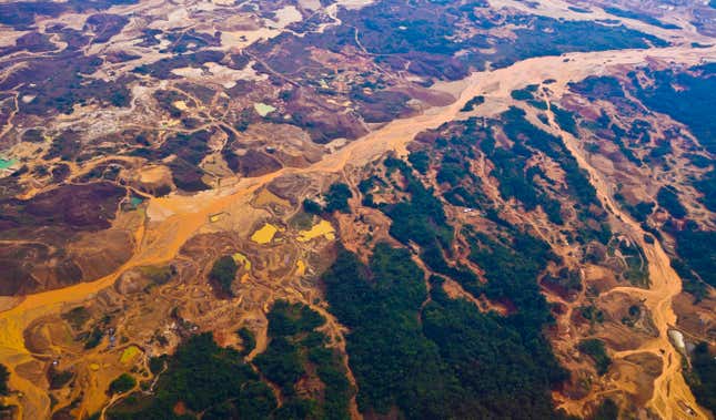 An aerial view of illegal gold mining sites in the Madre De Dios Reserve, Peru.