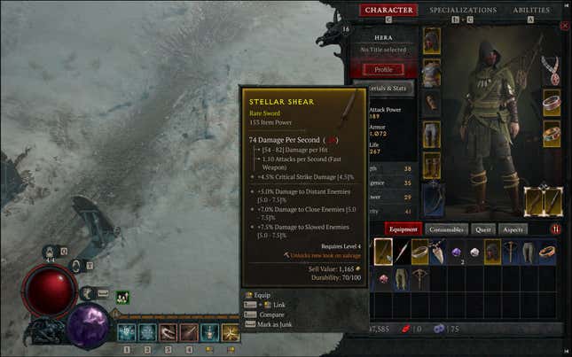 A screenshot of Diablo IV shows stats for a weapon.