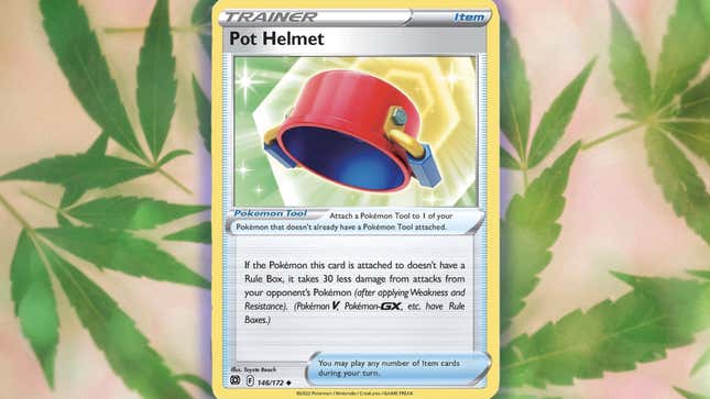 An upside-down cooking pot is seen on a Pokémon card shown against a pot leaf background.