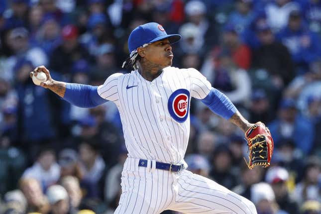 Mar 30, 2023; Chicago, Illinois, USA; Chicago Cubs starting pitcher Marcus Stroman (0) delivers against the Milwaukee Brewers during the first inning at Wrigley Field.