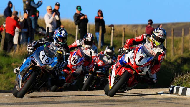 A photo of motorbike racers at the Isle of Man TT. 