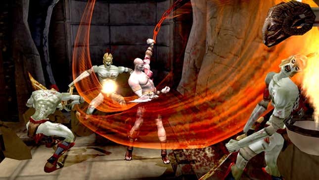 Kratos swings his Blades of Athena in a narrow hallway, striking three goons in the process. 