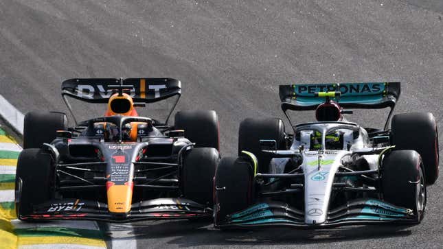 A photo of Max Verstappen and Lewis Hamilton colliding in Brazil. 