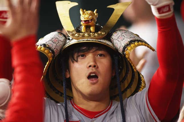 Jun 15, 2023; Arlington, Texas, USA; Los Angeles Angels starting pitcher Shohei Ohtani (17) is congratulated by his teammates after hitting a two run home run in the eighth inning against the Texas Rangers at Globe Life Field.