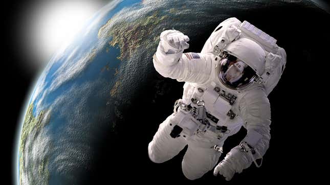 An illustration of an astronaut against a backdrop of Earth.