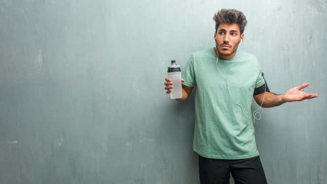 confused guy with water bottle