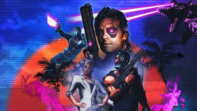 Artwork for Blood Dragon shows neon-colored skies and action-movie characters. 