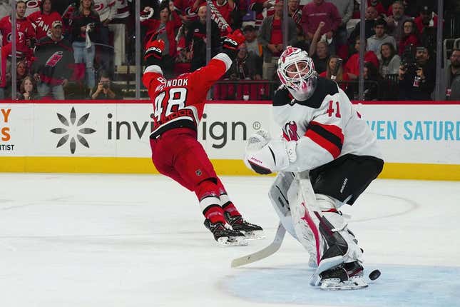 May 5, 2023; Raleigh, North Carolina, USA; Carolina Hurricanes left wing Jordan Martinook (48) scores a goal against the New Jersey Devils during the third period in game two of the second round of the 2023 Stanley Cup Playoffs at PNC Arena.