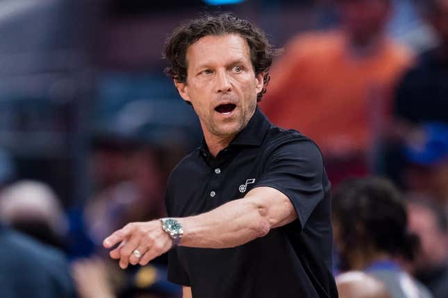 Apr 2, 2022; San Francisco, California, USA;  Utah Jazz head coach Quin Snyder reacts during the first half against the Golden State Warriors at Chase Center.