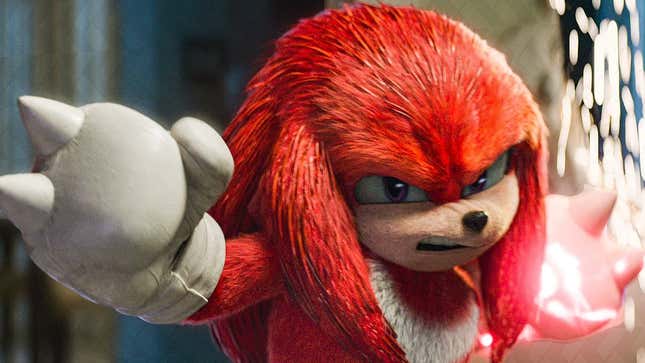 Knuckles with his fists up, ready to fight as seen in the new Sonic live-action movie. 