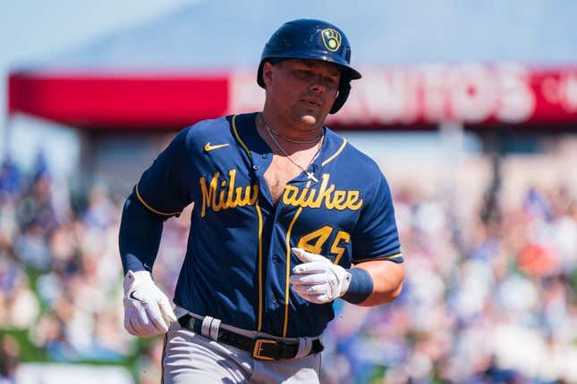 Mar 12, 2023; Mesa, Arizona, USA; Milwaukee Brewers infielder Luke Voit (45) trots around the bases after a home run in the second inning during a spring training game against the Chicago Cubs at Sloan Park.