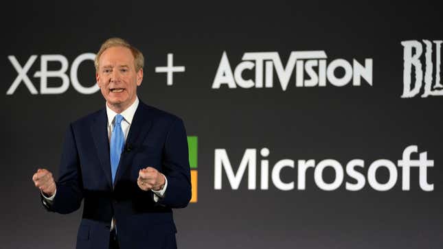 Microsoft President Brad Smith addresses a media conference regarding Microsoft's acquisition of Activision Blizzard and the future of gaming in Brussels, on Feb. 21, 2023