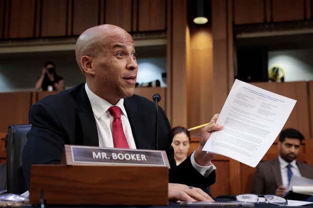 Sen. Cory Booker (D-NJ) speaks as U.S. Supreme Court nominee Judge Ketanji Brown Jackson testifies during her Senate Judiciary Committee confirmation hearing in the Hart Senate Office Building on Capitol Hill, March 23, 2022, in Washington, DC. 