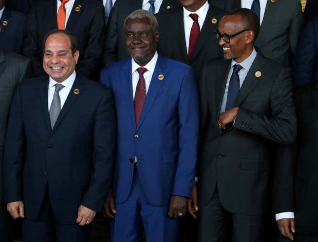 Abdel Fattah el-Sisi, president of Egypt (L), Moussa Faki Mahamat (C), chair of the African Union Commission (AUC) and Rwanda’s president Paul Kagame (R) at the African Union (AU) in Addis Ababa, Ethiopia, Feb.10, 2019.