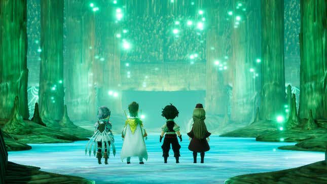 seth gloria elvis adelle in a green glowing hallway in bravely default 2 - best switch games of 2021