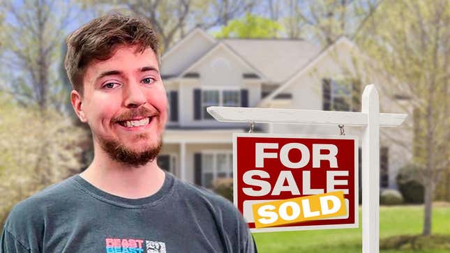 MrBeast smiles in front of a suburban house and "for sale" sign.