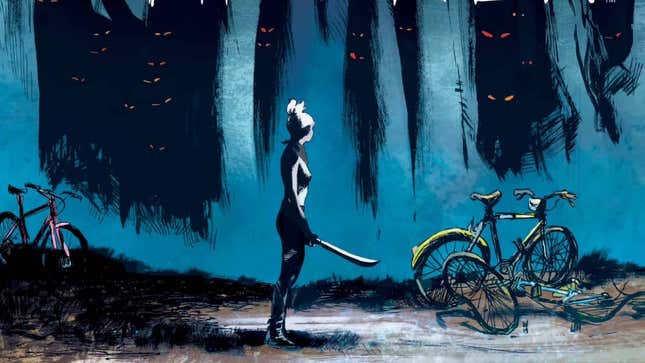 A girl stands in the woods next to a mangled bicycle on the cover of Something Is Killing the Children #1.