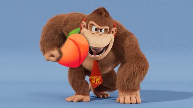 Donkey Kong walking with a giant peach under his arms. 